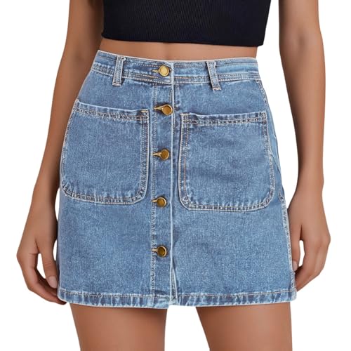 Damen Jeansrock Minirock Denim Skirt Hohe Taille Figurbetont Denim Kurz Jeansröcke mit Taschen Hohe Taille Lässig Gewaschen Gerader Rock von Generisch