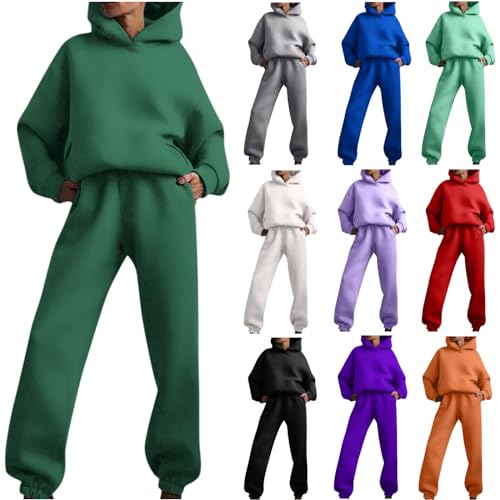 Damen Jogginganzug Set Mode Solide Farbe Trainingsanzug Baumwolle Jogginghose Sport Zweiteiliges Set Sweatshirt Mit Kapuze Hoody Männer Sport Kleidung Frauen Set Sport Outfit (XXL, Dark Green) von Generisch