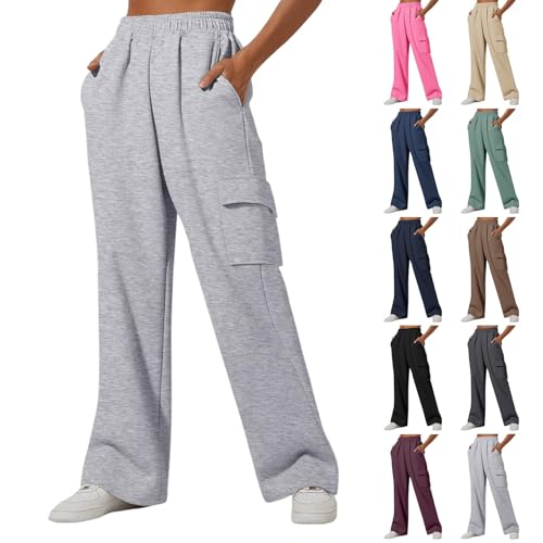 Damen Jogginghose High Waist Lang Baumwolle Traininghose Lockere Weites Bein Einfarbige Sweatpants mit Taschen Elastischem Gym Y2K Yogahose Freizeithose für Hip-Hop Fitnessstudio Joggen von Generisch