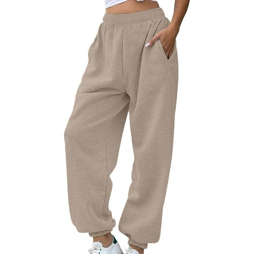 Damen Jogginghose Warm Fleece mit Taschen Elastisch Hohe Taille Weites Bein Sporthose Locker Einfarbig Baggy Trainingshose für Freizeit Fitnessstudio Joggen von Generisch