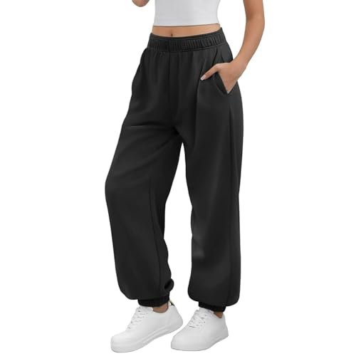 Damen Jogginghose Warm Fleece mit Taschen Elastisch Hohe Taille Weites Bein Sporthose Locker Einfarbig Baggy Trainingshose für Freizeit Fitnessstudio Joggen von Generisch