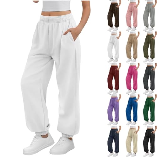 Damen Jogginghose Warm Fleece mit Taschen Elastisch Hohe Taille Weites Bein Sporthose Locker Einfarbig Baggy Trainingshose für Freizeit Fitnessstudio Joggen von Generisch