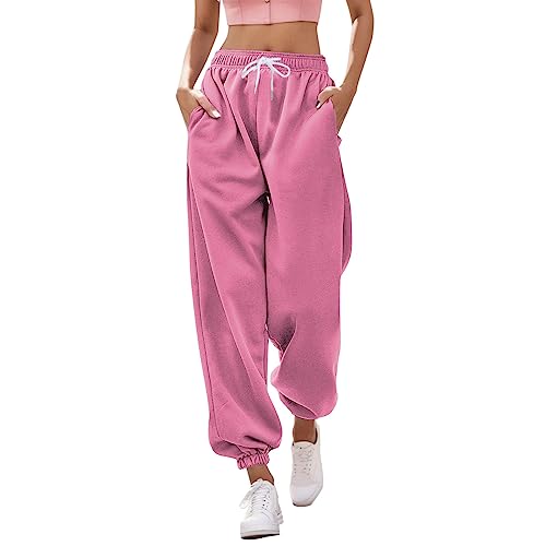 Damen Jogginghose mit Cinch Bottom und Taschen einfarbiger Trainingsanzug Baggy Hose mit elastischer Taille für Frauen lässiges Hip-Hop Fitnessstudio und Joggen(Pink, XL) von Generisch