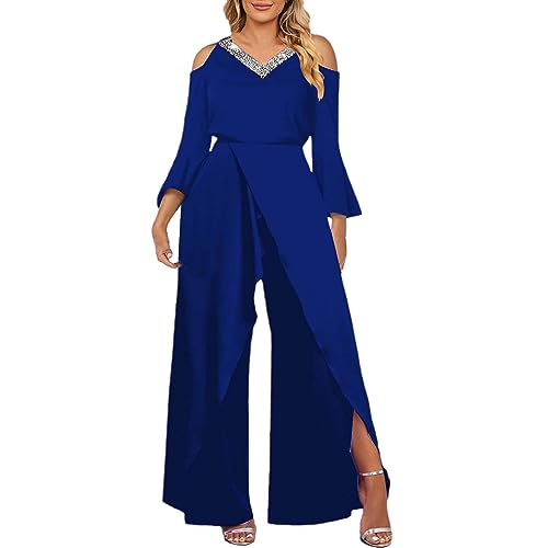 Damen-Jumpsuit mit Schlitz, Pailletten, einfarbig, V-Ausschnitt, elegant, weites Bein, lockere Ärmel, Glockenärmel, Satin-Jumpsuits für Frauen, blau, 46 von Generisch