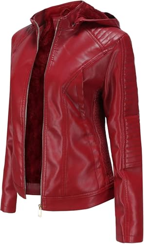 Damen-Kapuzenjacke aus Kunstleder, mit Fleece gefüttert, warme Winterjacken, modische Motorradjacke, PU-Bikermantel mit abnehmbarer Kapuze, rot, L Damen-Kapuzenjacke aus Kunstleder, mit Fleece gefüttert, warme Winterjacken, modische Motorradjacke, PU-Bikermantel mit abnehmbarer Kapuze, rot, L von Generisch