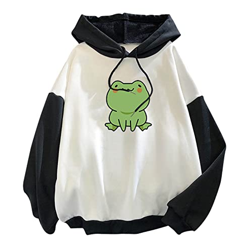 Damen-Kapuzenpullover, niedlicher Frosch-Druck, langärmelig, lässig, locker, einfarbig, Sweatshirt, Herbst, Winter, übergroß, weich, gemütlich, Rundhalsausschnitt, zum Ausgehen, 01 black, 40 von Generisch