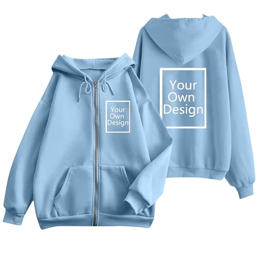 Damen Kapuzenpullover Personalisiert Sweatjacke mit Kapuze Pullover Bedrucken Lassen Hoodie Langarm Sweatshirt Herbst Winter Selbst Gestalten Hoody mit Reißverschluss Kapuzenjacke Hellblau M von Generisch