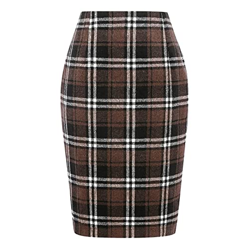 Damen Karierter Bleistiftrock Hohe Taille Knielang Kariertes Muster Figurbetonter Rock Winter Warm Gefütterter Rock Wollmischung Enganliegend Klassischer Stil von Generisch