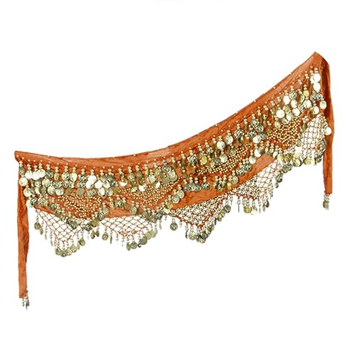 Damen Karneval Pailletten Quaste Taille Kette Hüfttuch Performance Gürtel Taillenbedeckung Set Schal Mütze (Orange, One Size) von Generisch