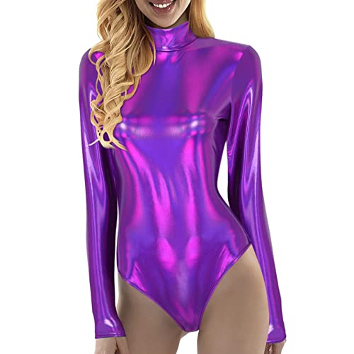 Damen Karnevals Kostüm Body Langarm Bodysuit Glitzer Oberteile Rollkragen Jumpsuit Elegant Schmal Bodysuits Tops Shapewear Overall Pullover Unterzieh Body Tops Freizeit Bodysuit (C-Purple, S) von Generisch