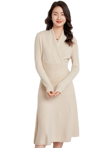 Damen Kaschmir Kleid Pullover V-Ausschnitt Pullover Winter Kaschmir Strick Grace Kleid, beige, L von Generisch
