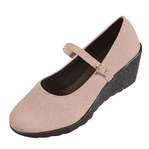 Damen Keilabsatz Plateau Kleid Schuhe Geschlossene Zehe Mittlerer Absatz Anti-Rutsch Casual Wanderschuhe mit Knöchelriemen (Pink, 42) von Generisch