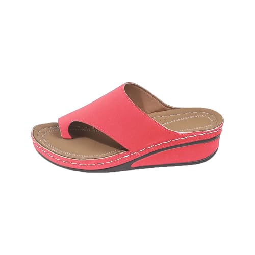 Damen Keilabsatz Plateau Tanga Hausschuhe Offene Zehe Leichte Dicke Sohle Casual Slip On Slides Sandale Flip Flops (Red, 37) von Generisch