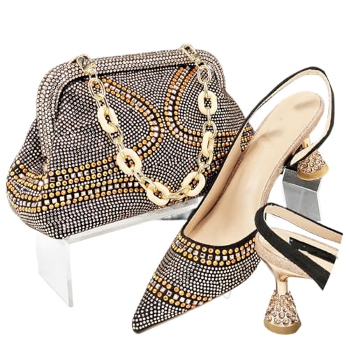 Damen Keilabsatz Taschen Set mit Strass Spitze Zehen für Party, champagnerfarben, 40.5 EU von Generisch
