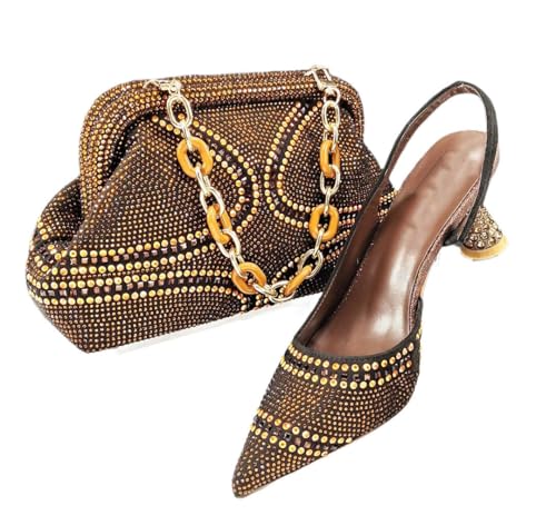Damen Keilabsatz Taschen Set mit Strass Spitze Zehen für Party, coffee, 40.5 EU von Generisch