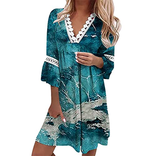 Damen Kleid Elegant Blumenmuster Sommerkleid V-Ausschnitt 3/4-Arm Knielanges Kleid Musselin Kleid Vintage Boho Freizeitkleid Strandkleider Summer Dress For Women 00b Weiß XL 00b Himmelblau XL von Generisch