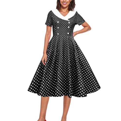 Damen Kleid Elegant Sommerkleid Kurzarm Vintage Kleider A-Linie Retro Punktkleid mit Knopfleiste, Dress Women Freizeitkleid Cocktailkleid Damenkleider Sommer Schwarz XXL von Generisch