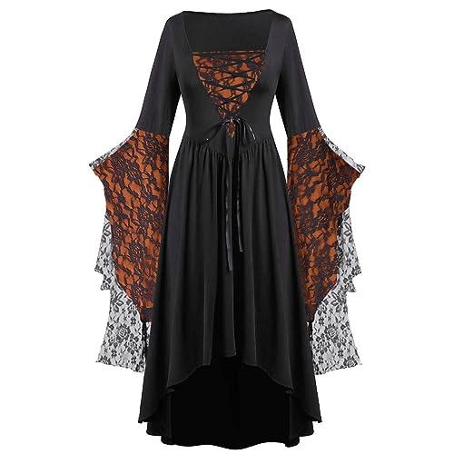 Damen Kleid Halloween Mittelalterliche Kostüm Trompetenärmel A-Linie Party Maxikleid Spitzen Vintage Cocktailkleid Hexen Gothic Schnüren Abendkleid 101er Jahre Teufel Vampir Kleidung von Generisch