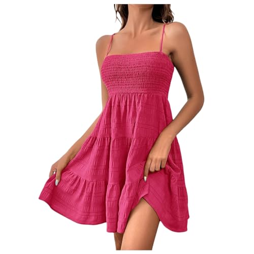 Damen Kleid Sommer Sommerkleid Kurz Elegant Spaghettiträger Strandkleid Leichte Freizeitkleid Lässig Ärmellos Minikleid A Linie Einfarbig Swing Kleider Rot XXL von Generisch