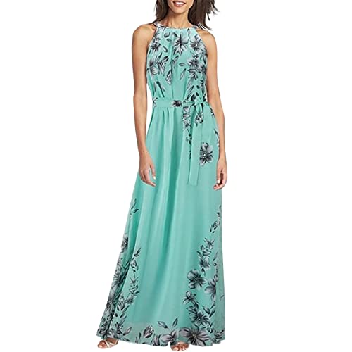 Damen Kleid Sommer Elegant Blumen Cocktailkleid Lang Neckholder Sommerkleid Ärmellos Partykleid mit Gürtel Sommerkleider Damen Leicht Und Luftig Kleider Frauen A Linie Maxi Abschlusskleider von Generisch