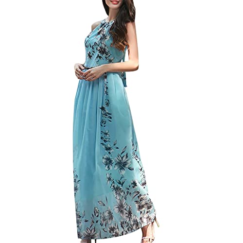 Damen Kleid Sommer Elegant Blumen Cocktailkleid Lang Neckholder Sommerkleid Ärmellos Partykleid mit Gürtel Sommerkleider Damen Leicht Und Luftig Kleider Frauen A Linie Maxi Abschlusskleider von Generisch