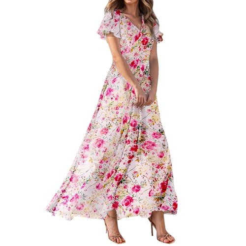Damen Kleid Sommer Elegant Blumen Sommerkleid Lang V Ausschnitt Cocktailkleid Chiffon Sommerkleider Damen Leicht Und Luftig Partykleid Lange Schwingen Kleider A Linie Maxi Blumenkleid Luftige von Generisch