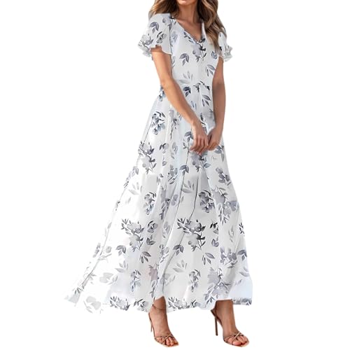 Damen Kleid Sommer Elegant Blumen Sommerkleid Lang V Ausschnitt Cocktailkleid Chiffon Sommerkleider Damen Leicht Und Luftig Partykleid Lange Schwingen Kleider A Linie Maxi Blumenkleid Luftige von Generisch
