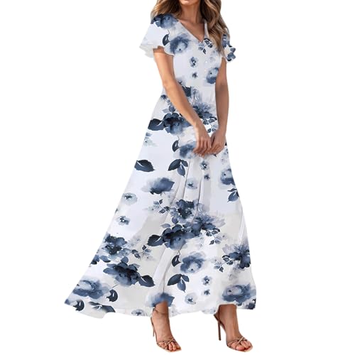 Damen Kleid Sommer Elegant Blumen Sommerkleid Lang V Ausschnitt Cocktailkleid Chiffon Sommerkleider Damen Leicht Und Luftig Partykleid Lange Schwingen Kleider A Linie Maxi Blumenkleid Luftige von Generisch
