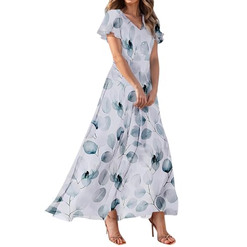 Damen Kleid Sommer Elegant Blumen Sommerkleid Lang V Ausschnitt Cocktailkleid Chiffon Sommerkleider Damen Leicht Und Luftig Partykleid Lange Schwingen Kleider A Linie Maxi Blumenkleid Luftige von Generisch