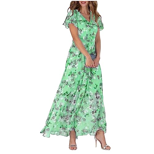 Damen Kleid Sommer Elegant Blumen Sommerkleid Lang V Ausschnitt Cocktailkleid Chiffon Sommerkleider Damen Leicht Und Luftig Partykleid Lange Schwingen Kleider A Linie Maxi Blumenkleid Luftige von Generisch