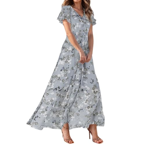 Damen Kleid Sommer Elegant Blumen Sommerkleid Lang V Ausschnitt Cocktailkleid Chiffon Sommerkleider Damen Leicht Und Luftig Partykleid Lange Schwingen Kleider A Linie Maxi Blumenkleid Luftige von Generisch