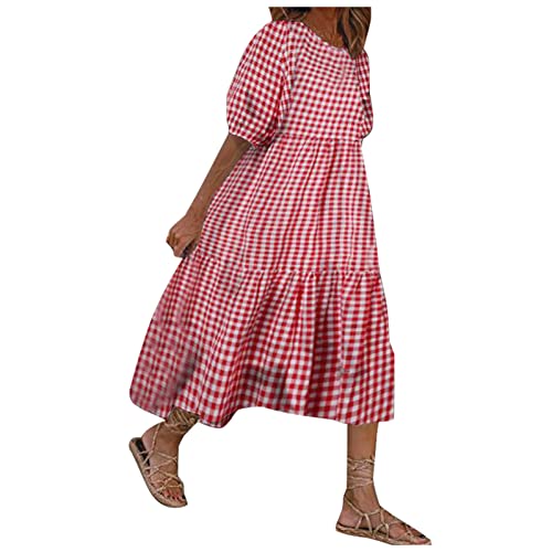 Damen Kleid Sommer Lang Kariert Midikleid Damen Sommer Elegant Rüschen Sommerkleid Halbarm Puffärmel Sommerkleider Damen Leicht Und Luftig Kleider Frauen A-Linien Volant Locker Strandkleid von Generisch