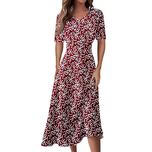 Damen Kleid Sommer Midi A Linie Sommerkleid Elegant Blumen Midikleid V Ausschnitt Sommerkleider Damen Leicht Und Luftig Kleider Kurzarm Blumenkleid Casual Strandkleid Luftige Freizeitkleid von Generisch