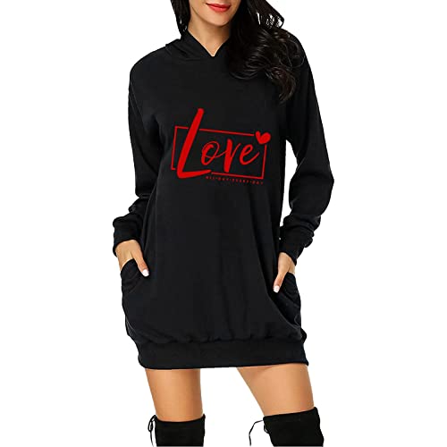 Damen Kleid Taschen Kleider Weich Shirtkleid mit Kapuze Baumwolle Partykleid Casual Pulloverkleid Locker Kapuzenpullover Langarm Sweater Winter Hoodie Comfy Minikleid (D1-Schwarz, M) von Generisch