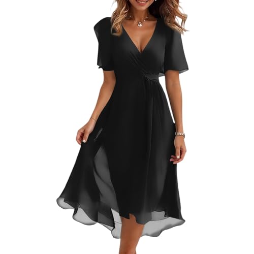 Damen Kleider Elegant,Abendkleider Damen Lang Elegant Chiffon Swing Cocktailkleid Tunika Sommerkleid Knielang Sexy Kurzarm V Ausschnitt Partykleid Schicke Wickelkleid Festliche Freizeitkleid Midikleid von Generisch