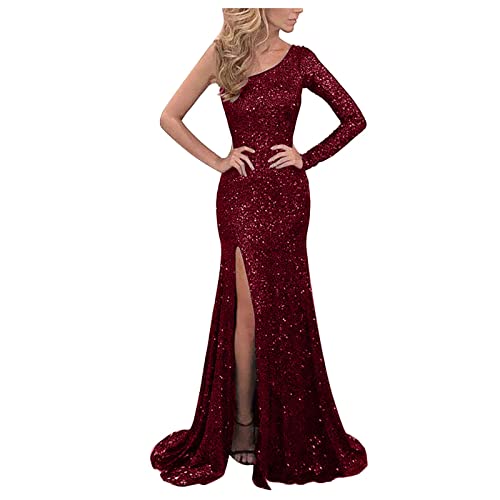 Damen Kleider Elegant Eng Glitzer Abendkleider Elegant Für Hochzeit Cocktailkleid Damen Langarm One Shoulder Ballkleid Damen Lang mit Schlitz Abendkleid Curvy Bodenlang Kleid Party Glitzerkleid von Generisch