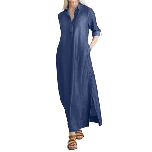 Damen Kleider Elegant Lang Langarm Jeanskleid Damen Große Größen Maxi Kleid Damen Jeans Hemdkleid mit Knopfleiste Kragen Herbstkleid Frauen Denim mit Taschen Jeanskleider Locker Damenkleider von Generisch