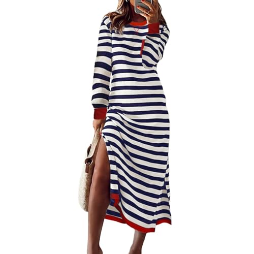Damen Kleider Gestreift mit Schlitz Herbstkleid Damen Elegant Lang Kleid Damen Langarm Frühling Pulloverkleid Lange Streifen Blusenkleid Frauen Rundhals mit Taschen Sweatkleid Tunika Kleid von Generisch