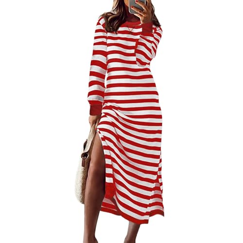 Damen Kleider Gestreift mit Schlitz Herbstkleid Damen Elegant Lang Kleid Damen Langarm Frühling Pulloverkleid Lange Streifen Blusenkleid Frauen Rundhals mit Taschen Sweatkleid Tunika Kleid von Generisch