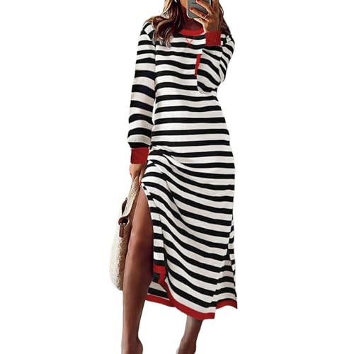 Damen Kleider Gestreift mit Schlitz Herbstkleid Damen Elegant Lang Kleid Damen Langarm Frühling Pulloverkleid Lange Streifen Blusenkleid Frauen Rundhals mit Taschen Sweatkleid Tunika Kleid Damen Kleider Gestreift mit Schlitz Herbstkleid Damen Elegant Lang Kleid Damen Langarm Frühling Pulloverkleid Lange Streifen Blusenkleid Frauen Rundhals mit Taschen Sweatkleid Tunika Kleid von Generisch