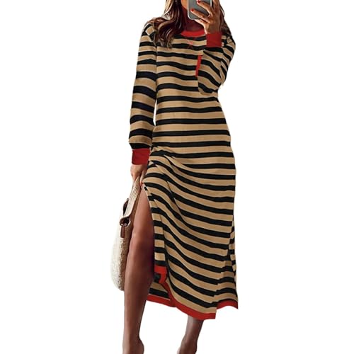 Damen Kleider Gestreift mit Schlitz Herbstkleid Damen Elegant Lang Kleid Damen Langarm Frühling Pulloverkleid Lange Streifen Blusenkleid Frauen Rundhals mit Taschen Sweatkleid Tunika Kleid von Generisch