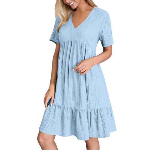 Damen Kleider Sommer, Sommerkleid Damen Kurz V Ausschnitt Kleid Hochzeitsgast Sommer Festliche Kleider Freizeit Strandkleid Elegante Wickelkleid Knielang Sommerkleider Leicht Und Luftig, Blau, M von Generisch