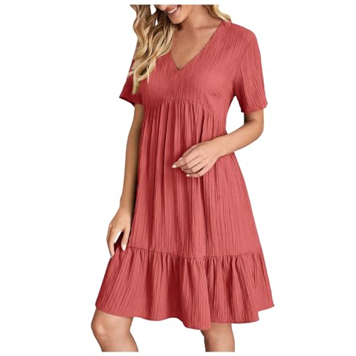 Damen Kleider Sommer, Sommerkleid Damen Kurz V Ausschnitt Kleid Hochzeitsgast Sommer Festliche Kleider Freizeit Strandkleid Elegante Wickelkleid Knielang Sommerkleider Leicht Und Luftig, Roter, L von Generisch