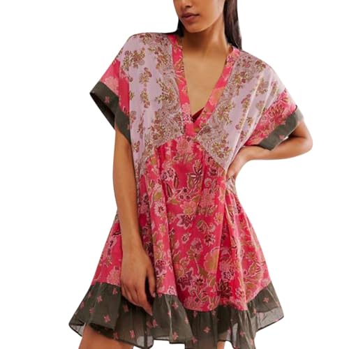 Damen Kleider Sommer Elegant Kurzarm Hippie Kleid Damen Boho Kurz Sommerkleid Tiefem V Ausschnitt Sommerkleider Damen Leicht Und Luftig Minikleider A-Linien Locker Kleid Casual Strandkleid von Generisch