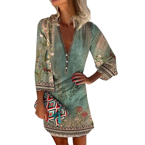 Damen Kleider Sommer Kurz Boho-Kleid V Ausschnitt Elegant Sommerkleid mit Ärmeln Kleid Bohemian Damenkleider mit Knopfleiste Sommerkleider Leicht Und Luftig Kleid 3/4 Ärmel Strandkleid Locker von Generisch