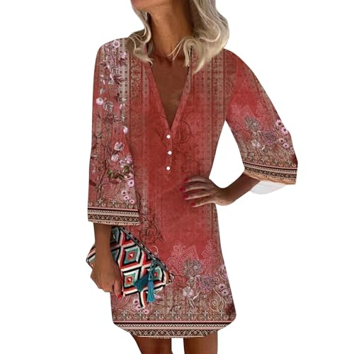 Damen Kleider Sommer Kurz Boho-Kleid V Ausschnitt Elegant Sommerkleid mit Ärmeln Kleid Bohemian Damenkleider mit Knopfleiste Sommerkleider Leicht Und Luftig Kleid 3/4 Ärmel Strandkleid Locker von Generisch