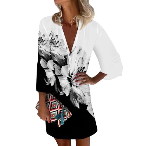 Damen Kleider Sommer Kurz Boho-Kleid V Ausschnitt Elegant Sommerkleid mit Ärmeln Kleid Bohemian Damenkleider mit Knopfleiste Sommerkleider Leicht Und Luftig Kleid 3/4 Ärmel Strandkleid Locker von Generisch