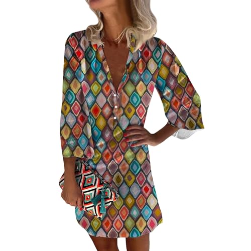 Damen Kleider Sommer Kurz Boho-Kleid V Ausschnitt Elegant Sommerkleid mit Ärmeln Kleid Bohemian Damenkleider mit Knopfleiste Sommerkleider Leicht Und Luftig Kleid 3/4 Ärmel Strandkleid Locker von Generisch