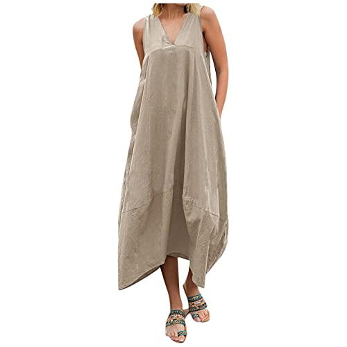 Damen Kleider Sommer Lang Ärmellos Sommerkleid Damen Elegant V Ausschnitt Maxikleid Rückenfrei mit Masche Hinten Ballonkleid mit Taschen Sommerkleider Damen Leicht Und Luftig Strandkleid Weit von Generisch