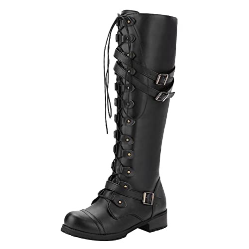 Damen Kniehohe Kampfstiefel, schwarzes Leder, Schnürung mit Schnallenriemen, Gothic, Retro, Punk-Stiefel, kurze Gummistiefel, Schwarz , 36 EU von Generisch
